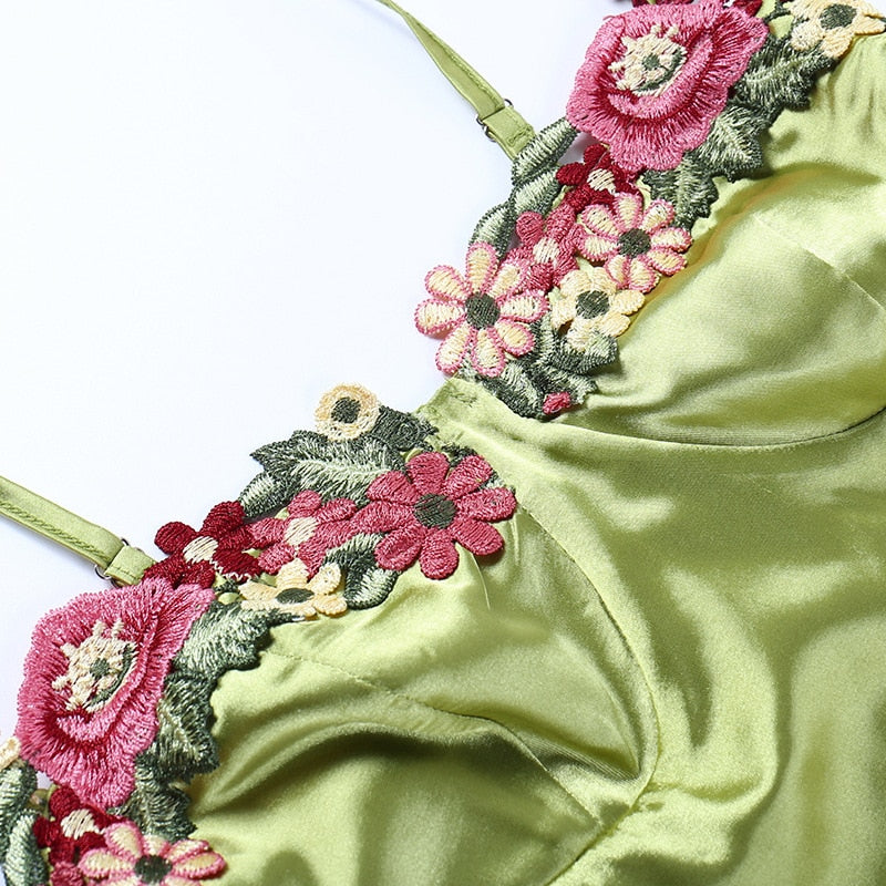 Green Spaghetti Strap Floral Embroidered Bust Satin Bodycon Mini Dress
