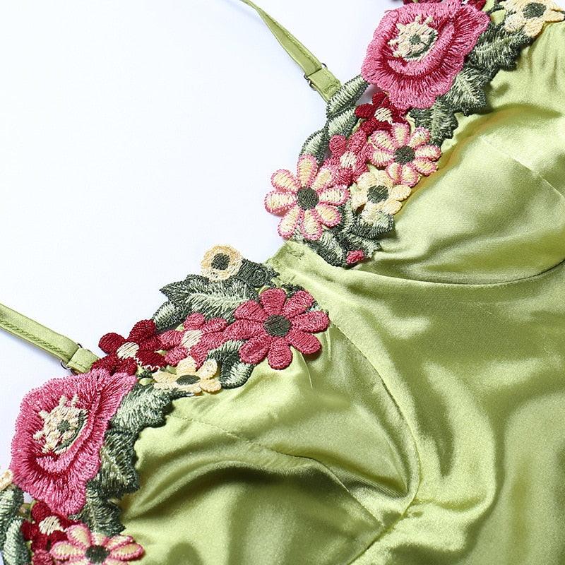 Green Spaghetti Strap Floral Applique Satin Bodycon Mini Dress 15