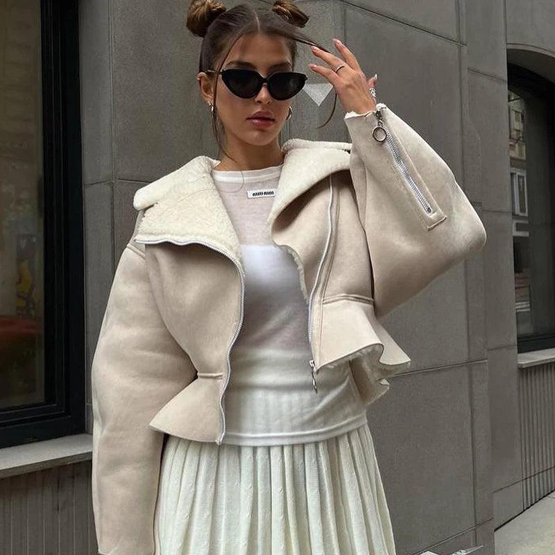 Shearling Lapel Zip Front Peplum Faux Leather Jacket