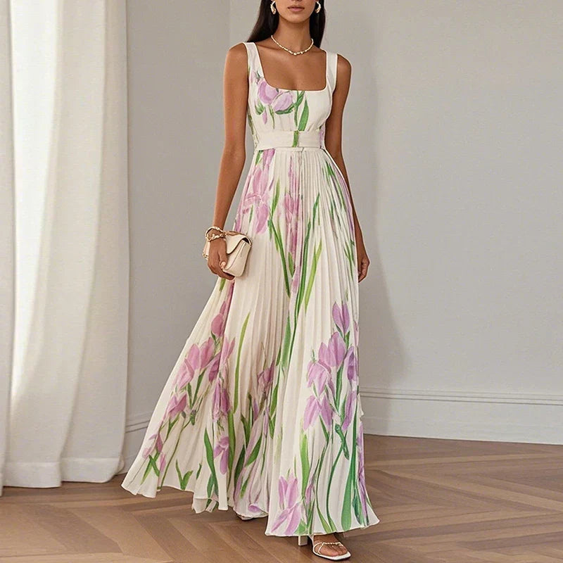 Square Neck Floral Pleated Flowy A-Line Maxi Dress 3