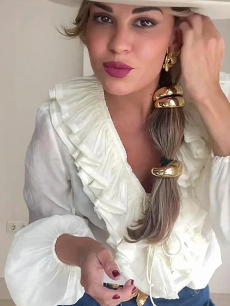 Women Ruffles Lace Up White Vneck Flared Blouse