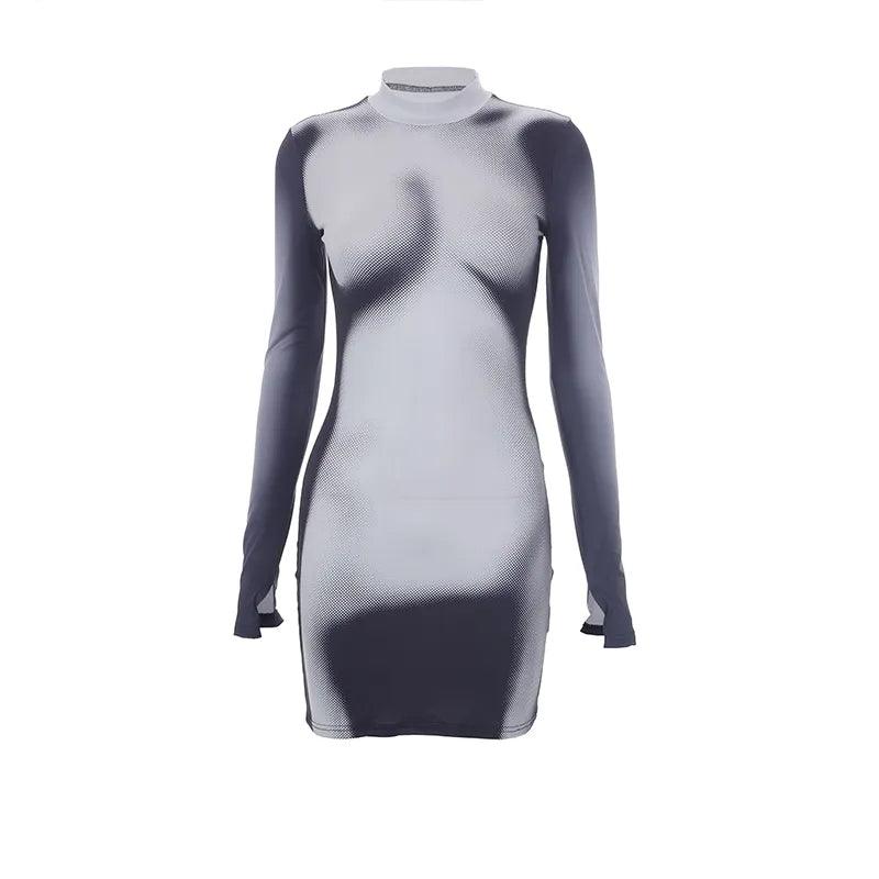 White Mock Neck Body Print Long Sleeve Bodycon Mini Dress 14
