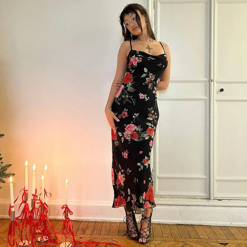Spaghetti Strap Hip Package Backless Floral Dress