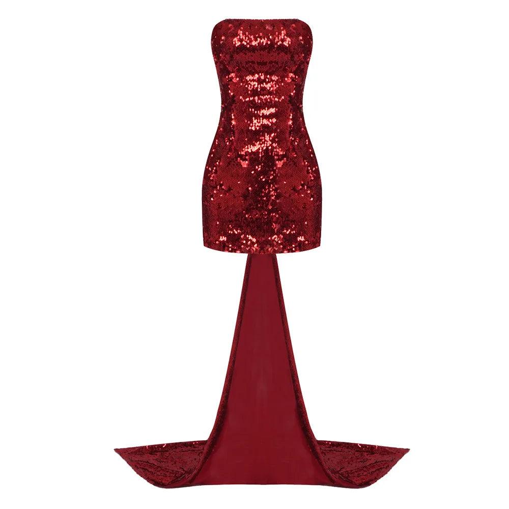 Red Strapless Backless Sequin Bow Train Bodycon Mini Dress 14