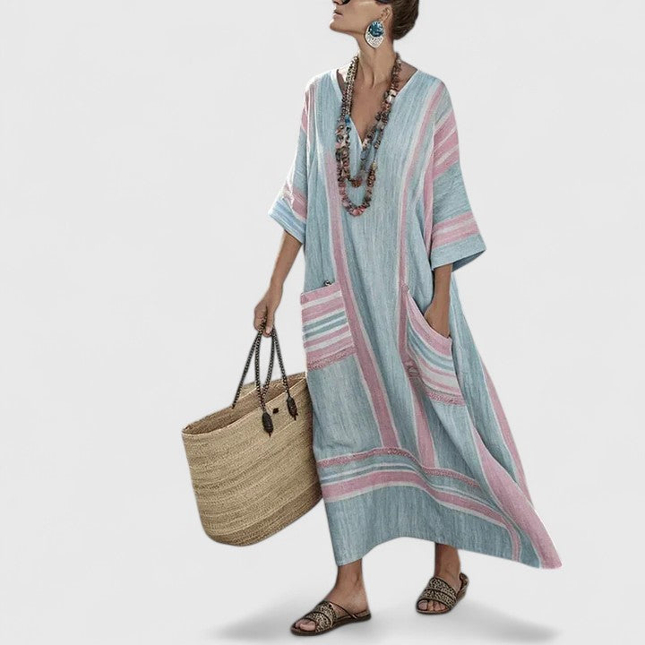Split Neck Embroidered Striped Pocket Kaftan Maxi Dress