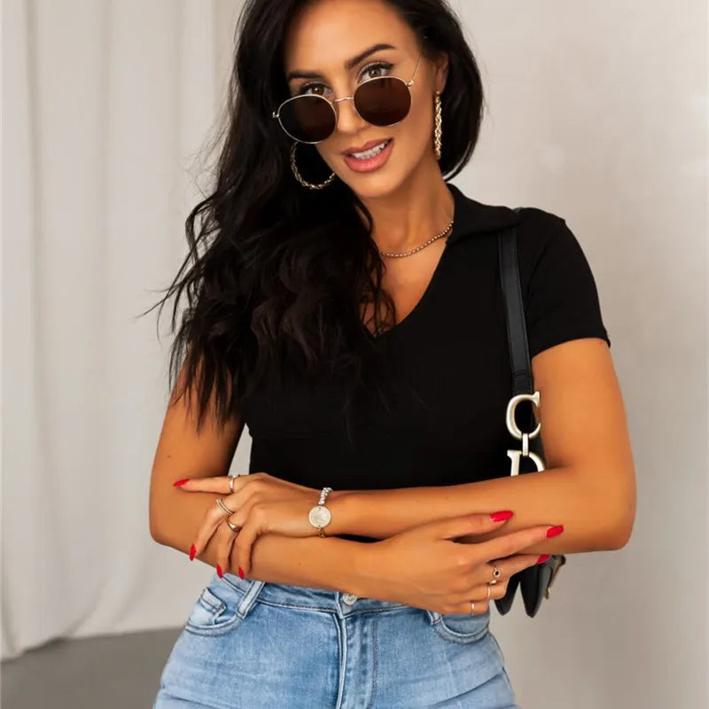 VNeck Polo Neck Slim Fit Crop Top