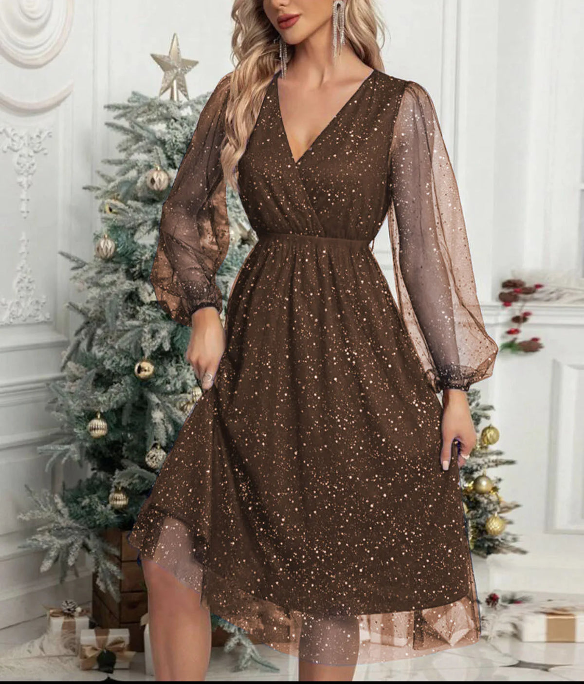 V-Neck Glitter Mesh Sheer Long Sleeve A-Line Midi Dress 3