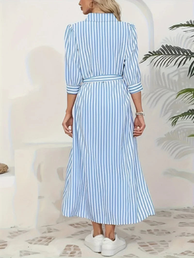 Blue Collared Striped Button Front Tie Waist Midi Shirt Dress 2