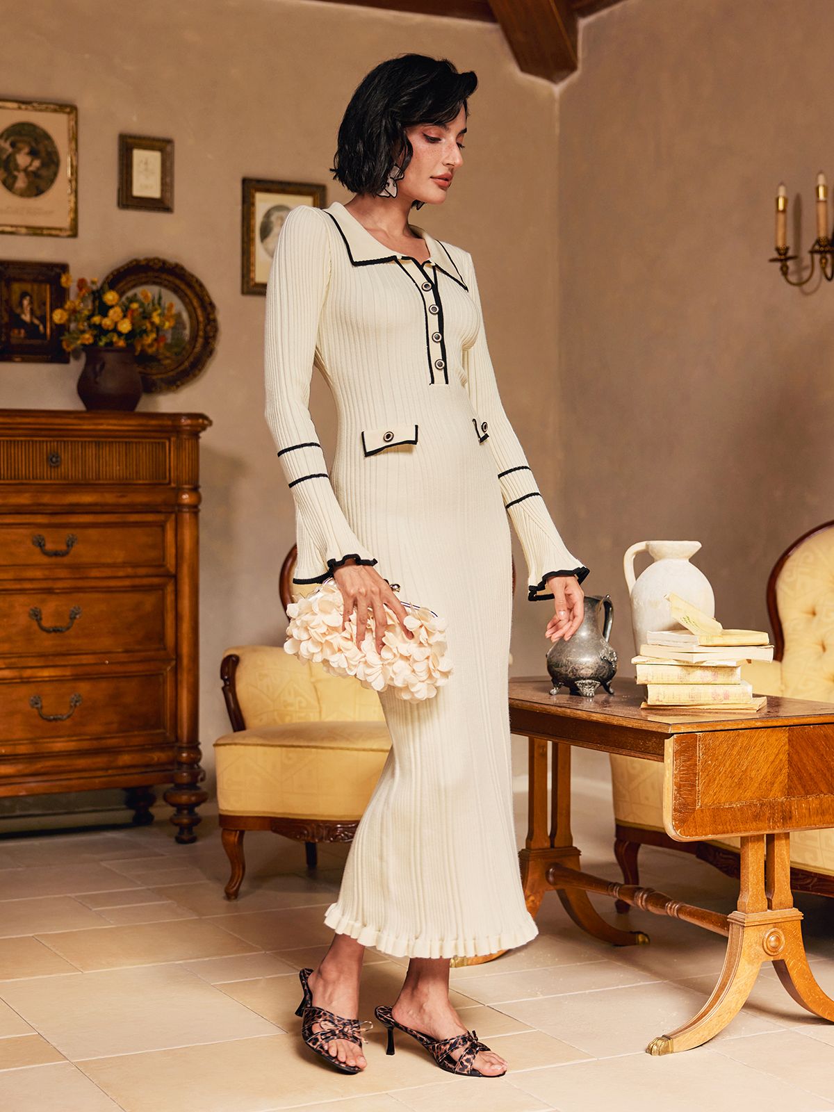 Long Sleeve Ruffle Button Knitted Midi Dress In Apricot