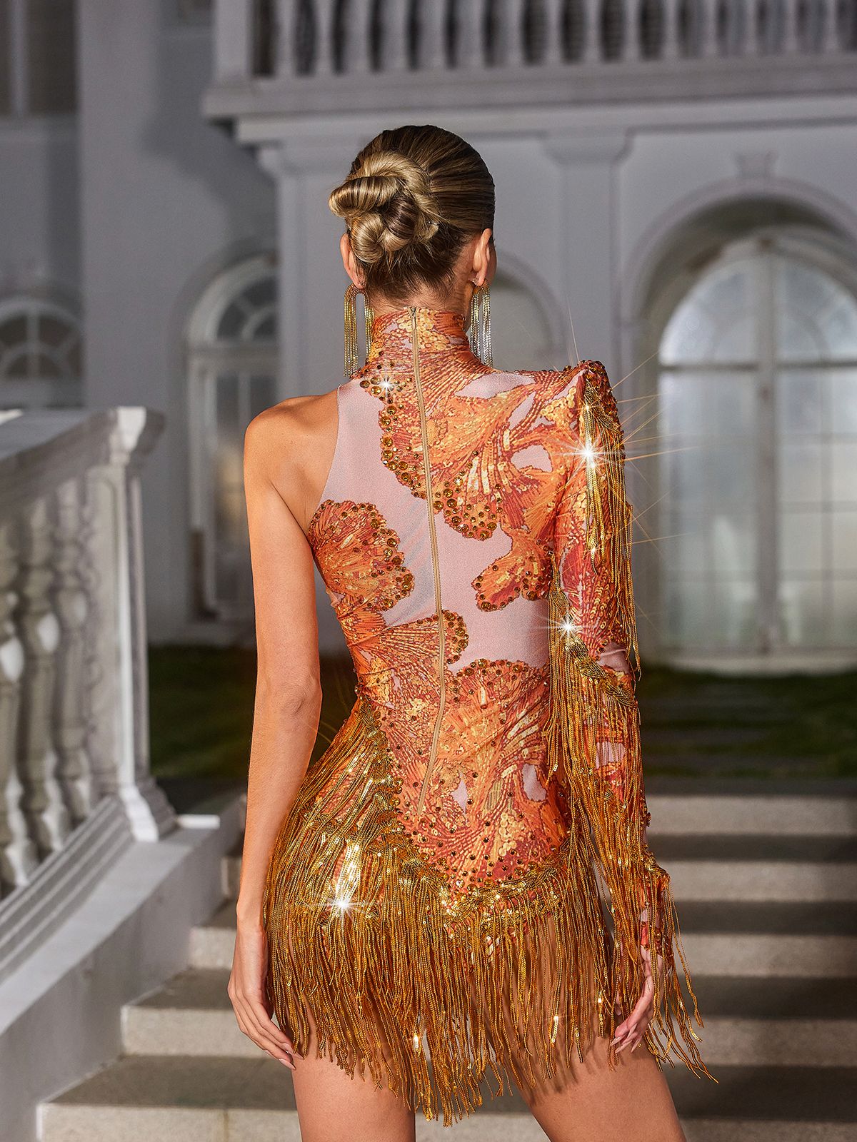 One Shoulder Rhinestone Fringe Bodysuit In Orange