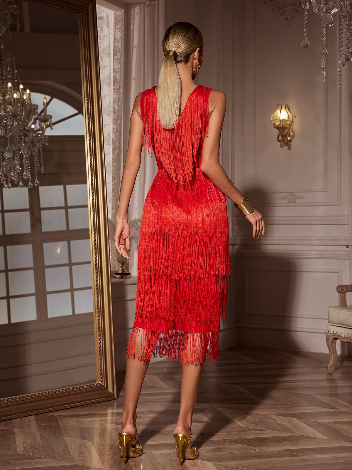 V Neck Fringe Midi Dress
