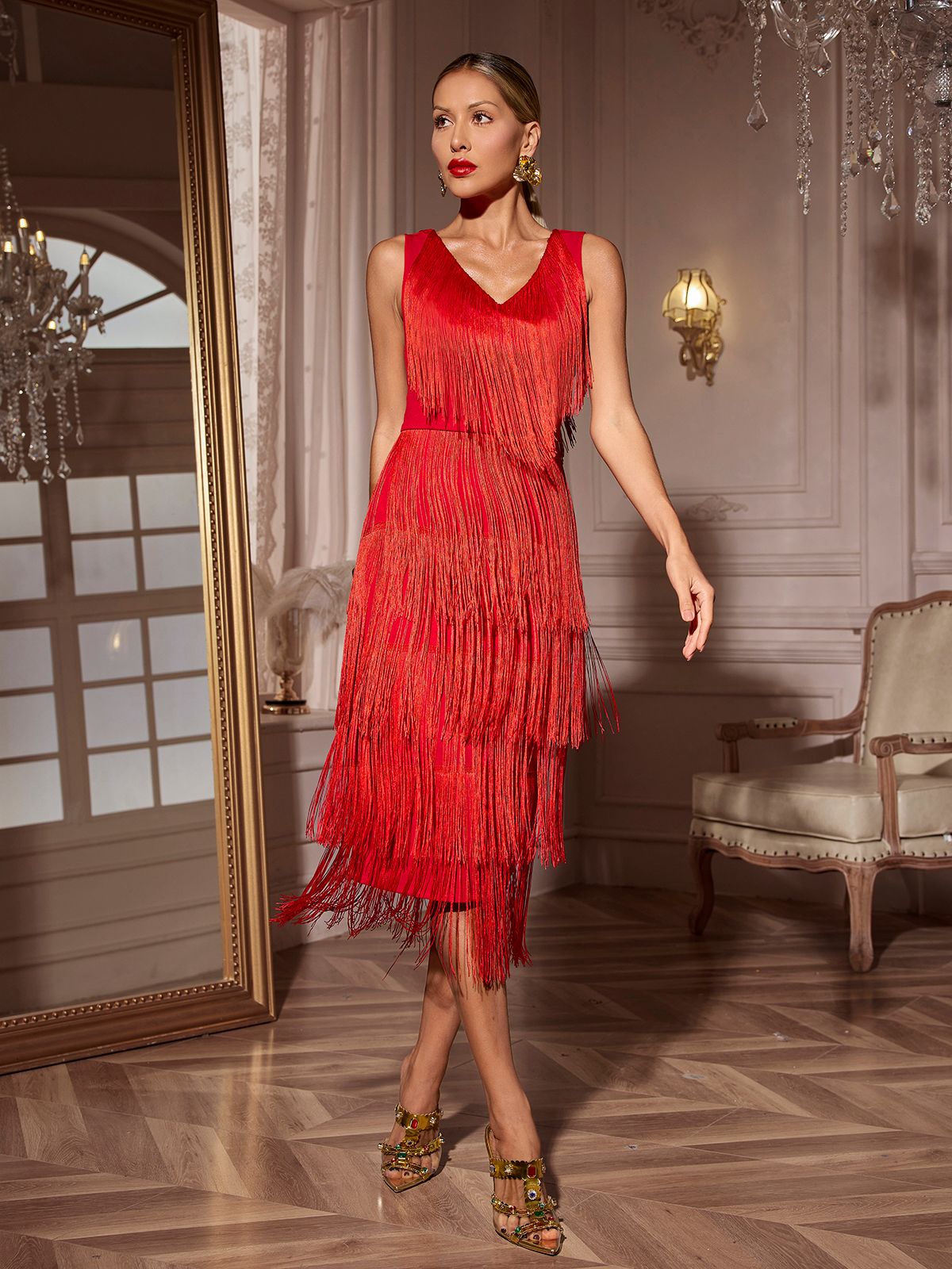 V Neck Fringe Midi Dress