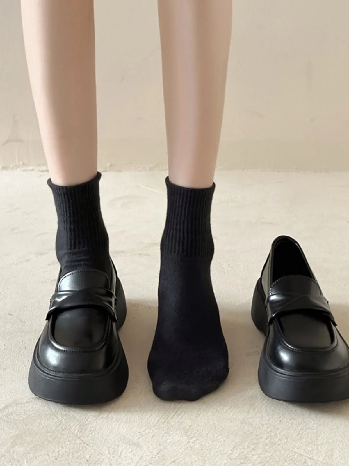 Fur Shallow Mouth Round Toe Leather AllMatch Fall Casual Platform Loafers