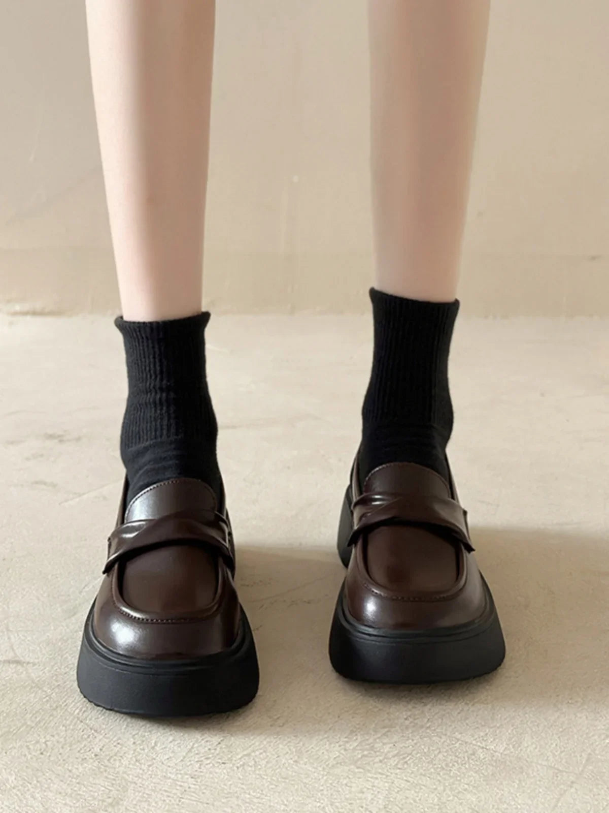 Fur Shallow Mouth Round Toe Leather AllMatch Fall Casual Platform Loafers