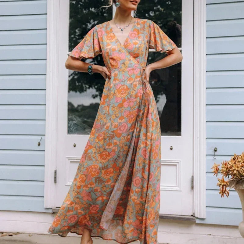 Short Puff Sleeve Mini Dress Vintage Cotton Rayon Orange Floral Print Summer Dress