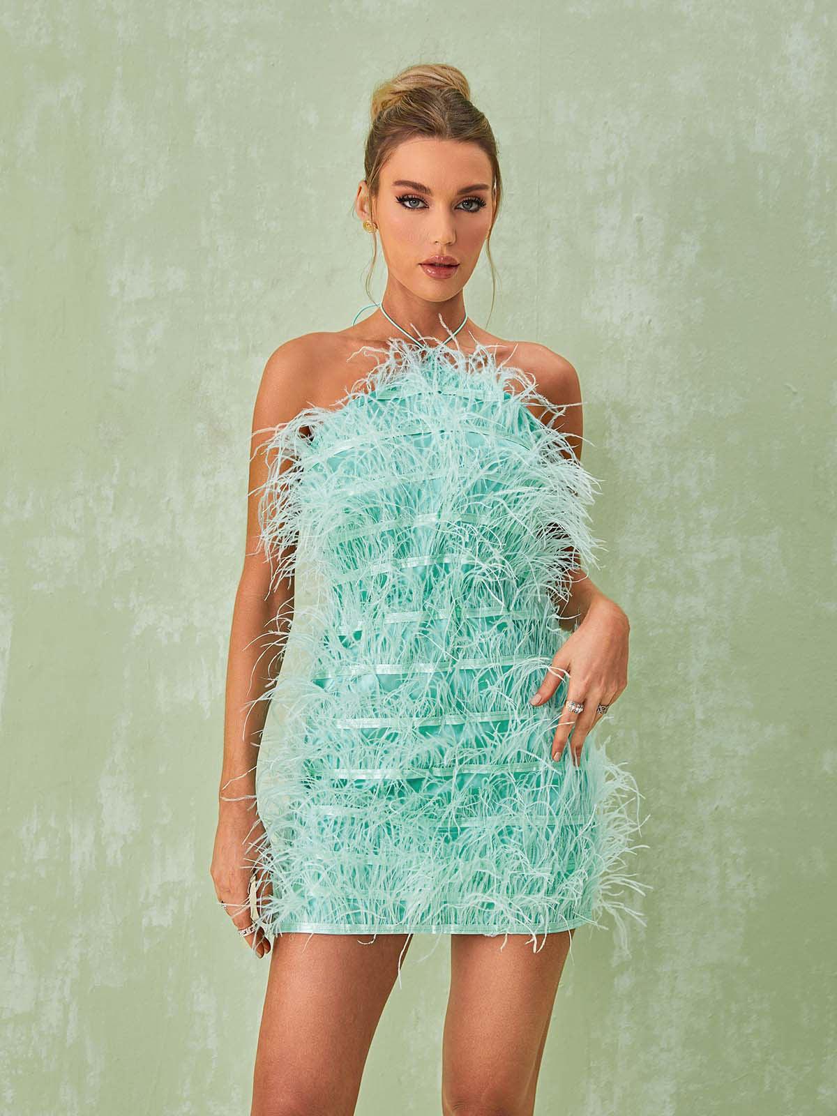 Halter Neck Feather Fringe Shift Mini Dress