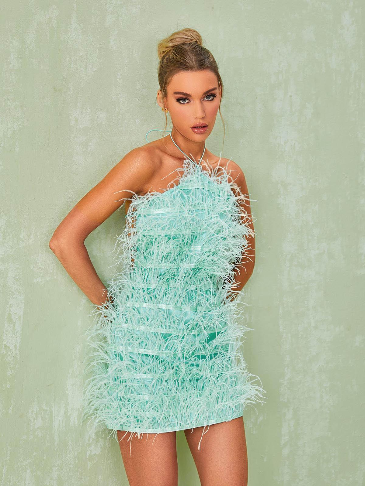 Halter Neck Feather Fringe Shift Mini Dress