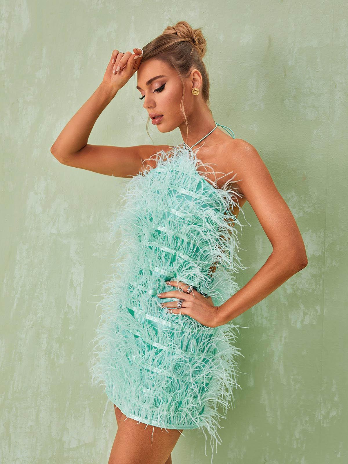 Halter Neck Feather Fringe Shift Mini Dress