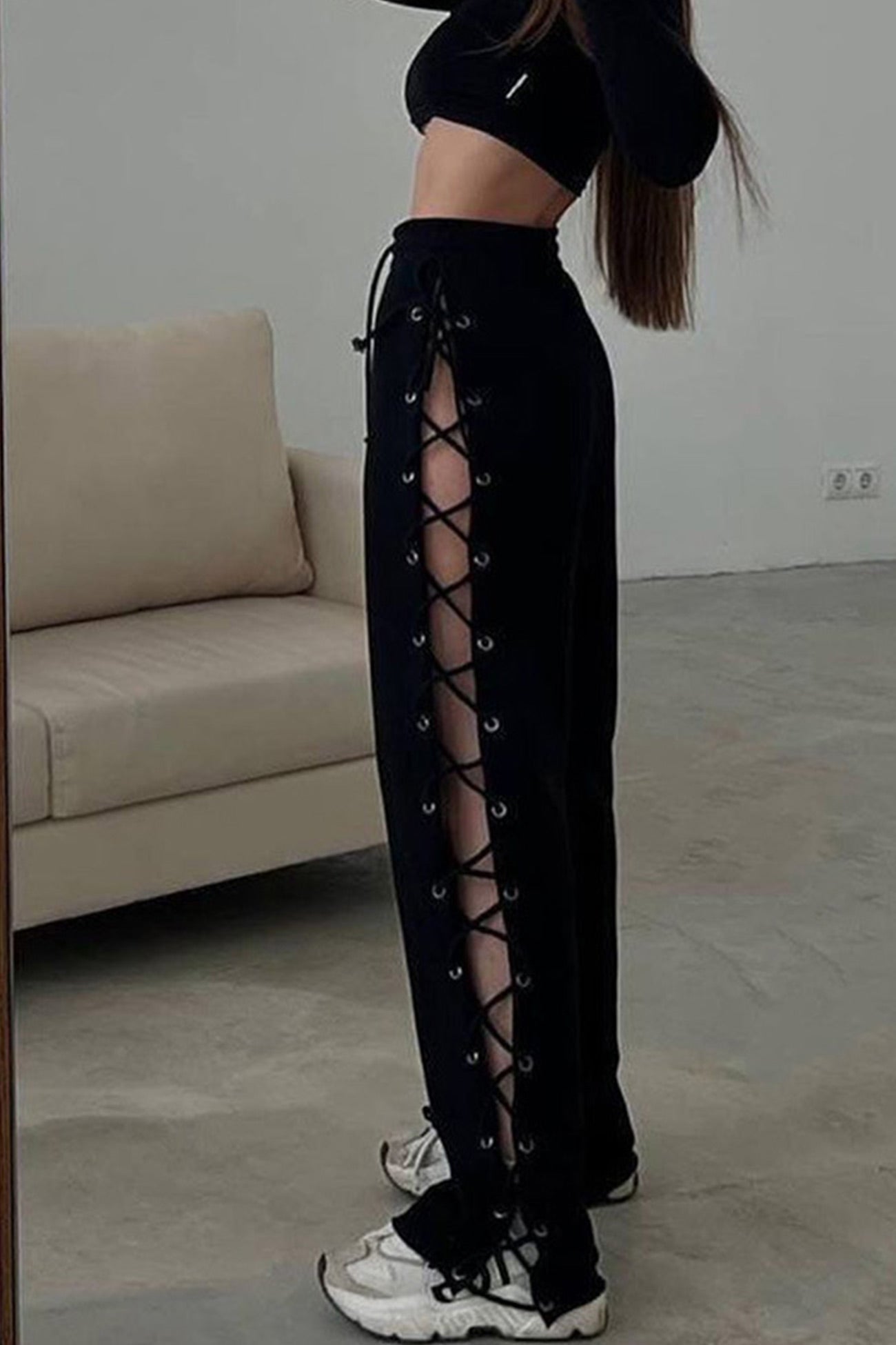 Side Slit Tieup Cutout Wideleg Long Pants
