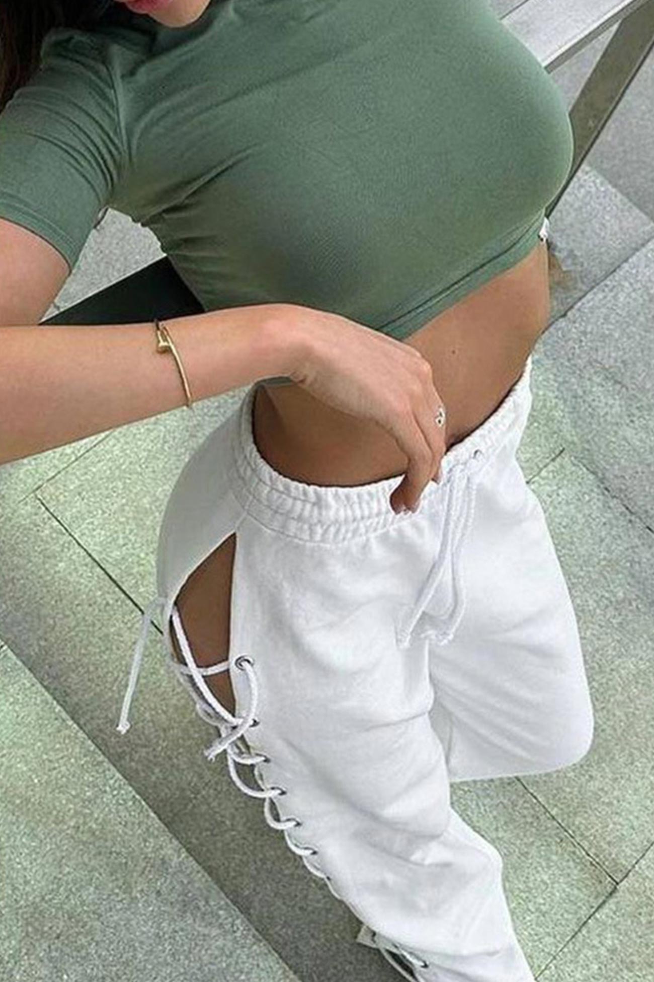 Side Slit Tieup Cutout Wideleg Long Pants