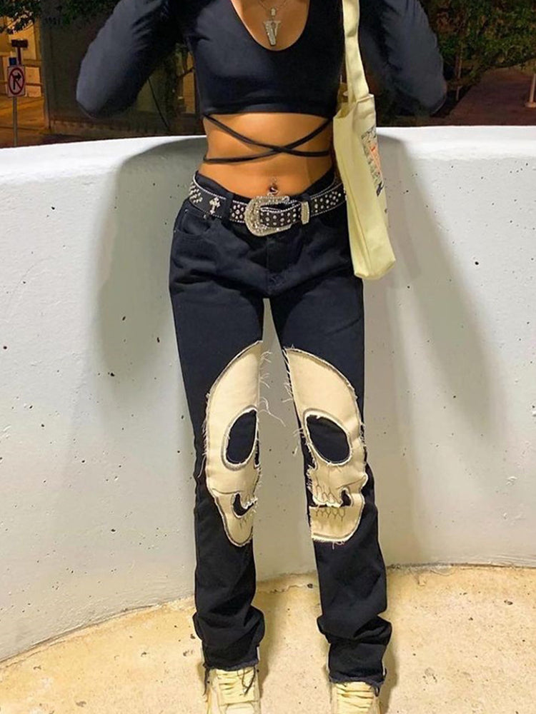 Gothic Skeleton Print Y2K Black Jeans