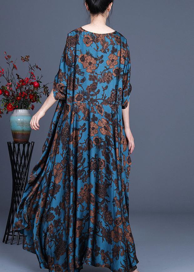 Silk Floral Irregular Dress Blue Half Sleeve