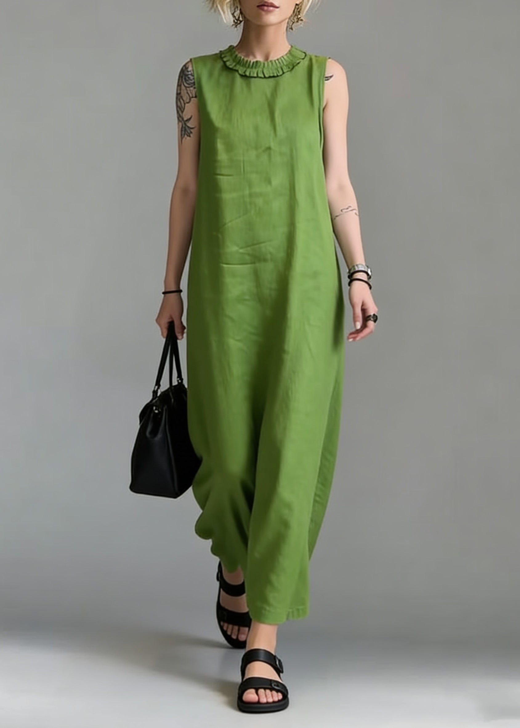 Simple Green Ruffled Solid Cotton Long Dress Sleeveless