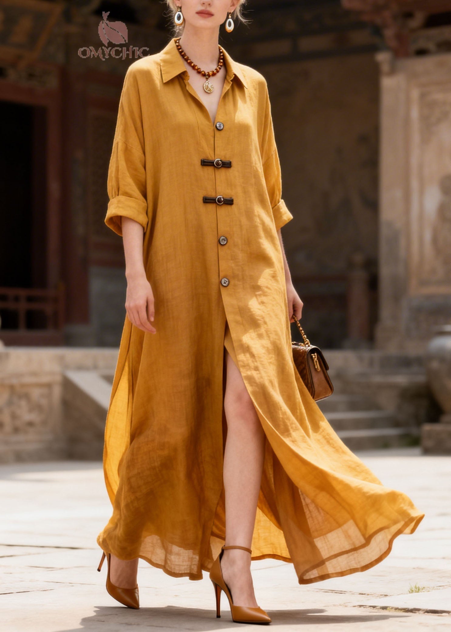 Simple Yellow Peter Pan Collar Button Patchwork Cotton Dress Summer