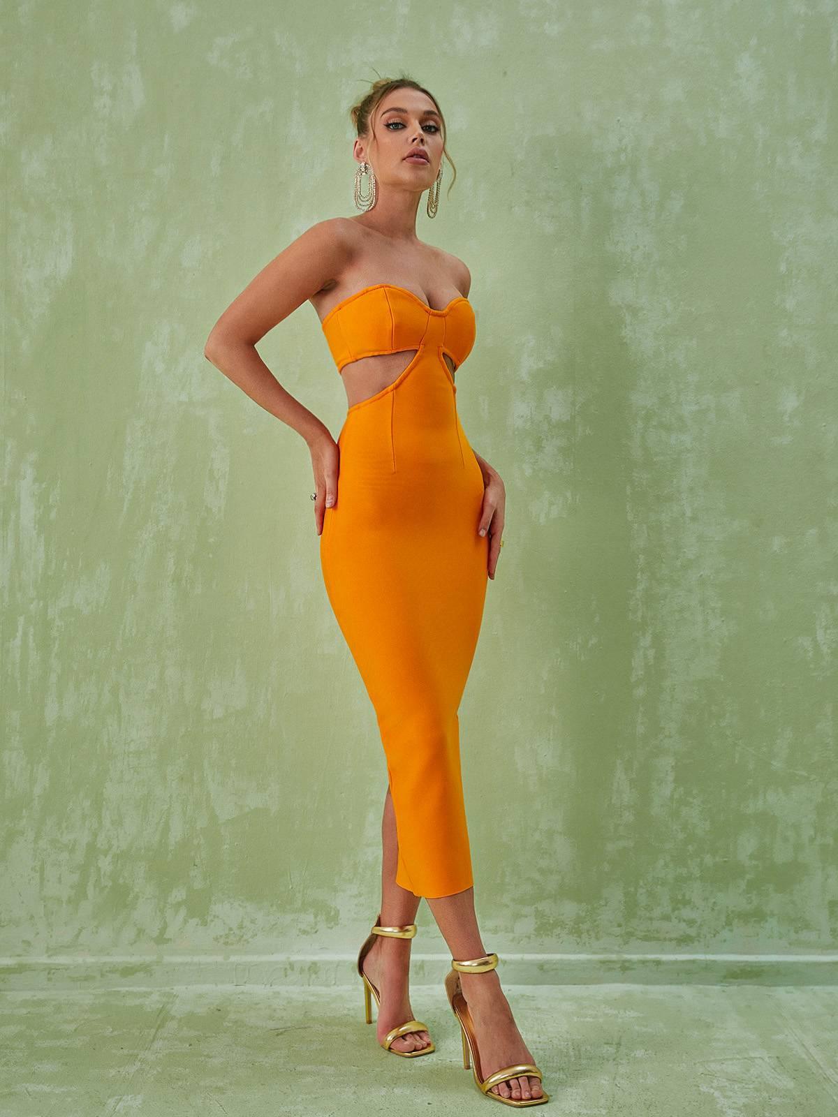 Strapless Sweetheart Cutout Bandage Bodycon Midi Dress