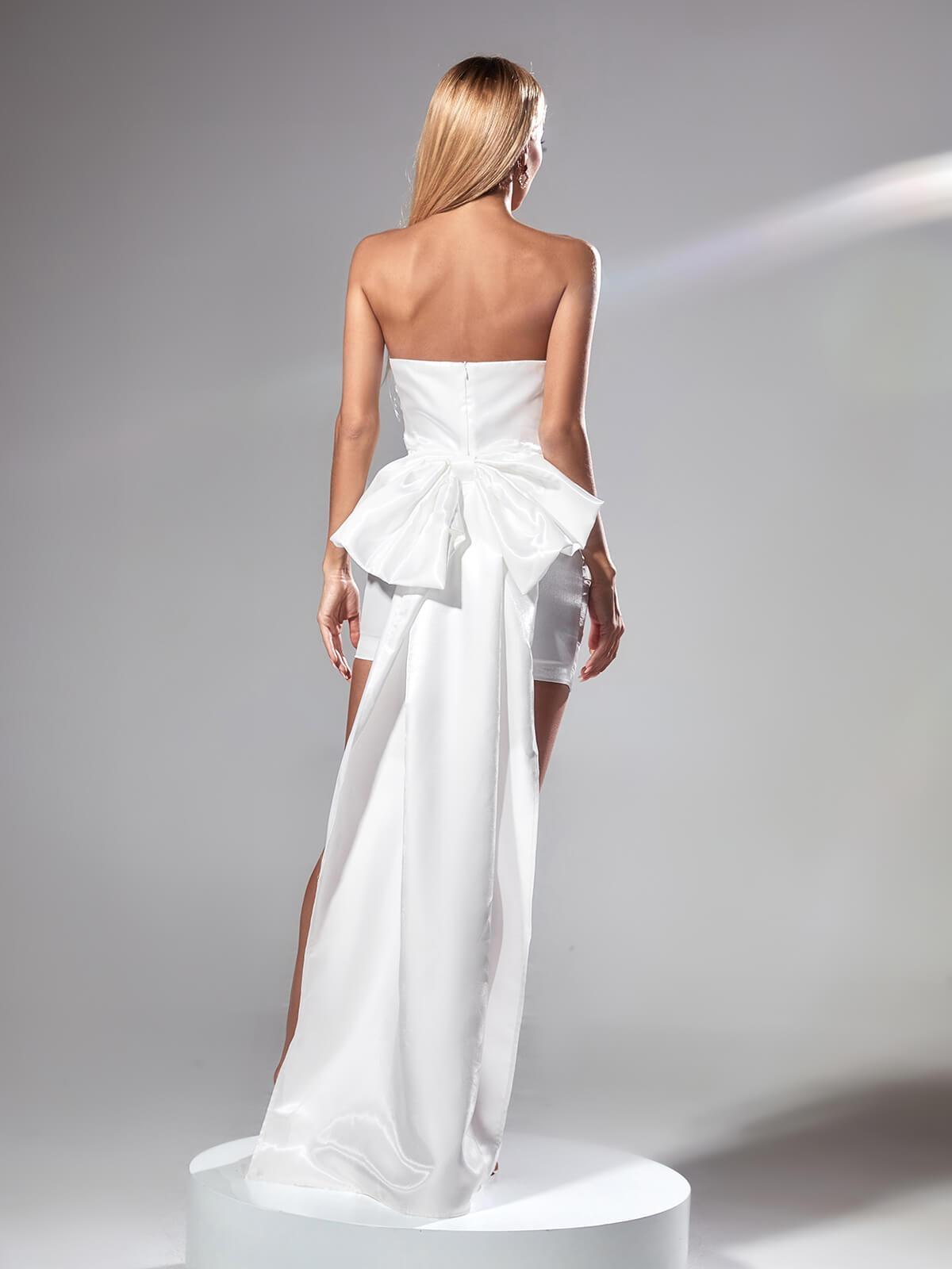 Strapless Ruched Satin Bow Train Bodycon Mini Dress