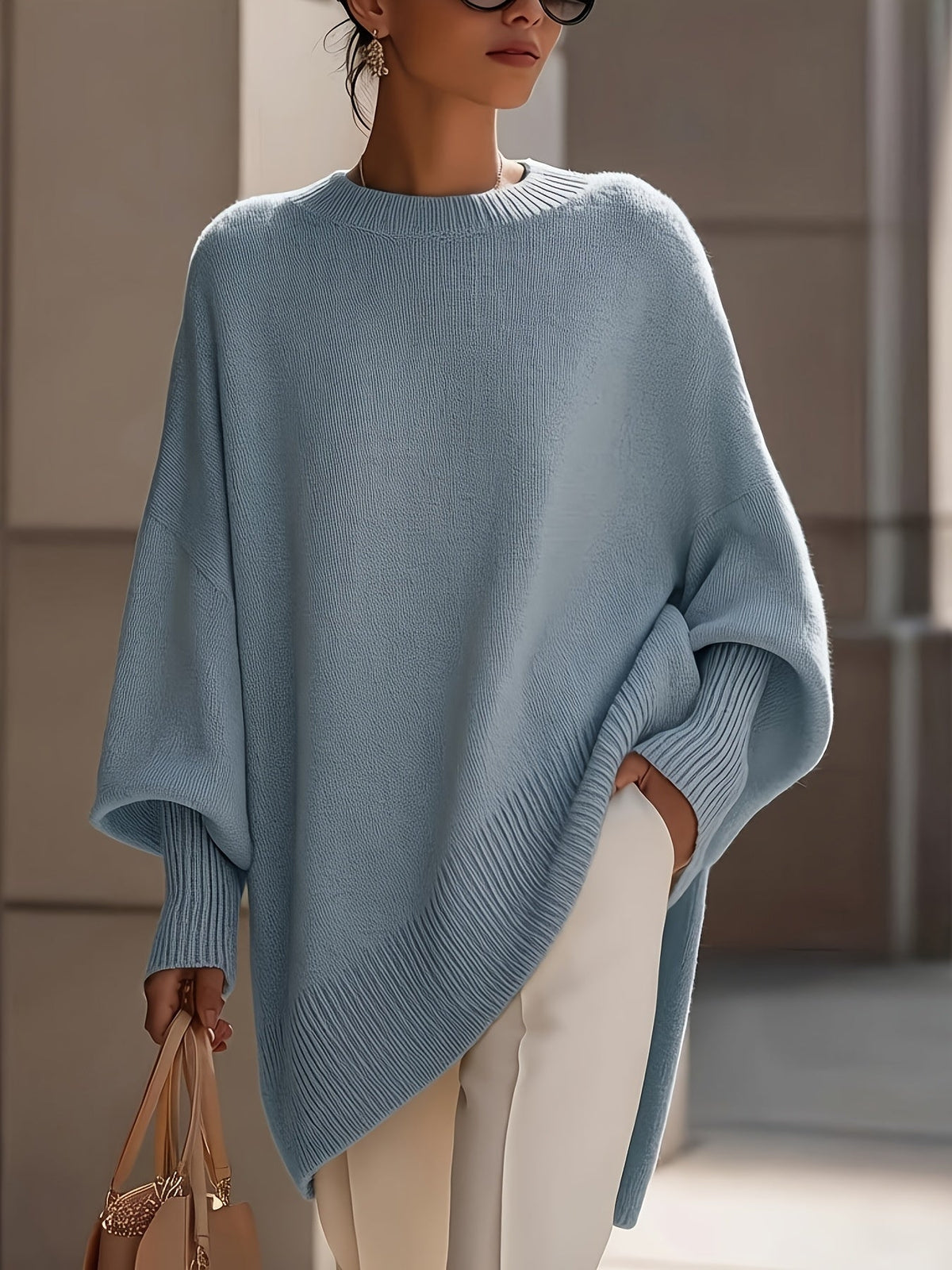 Mock Neck Drop Shoulder Asymmetric Hem Oversized Knit Sweater 16