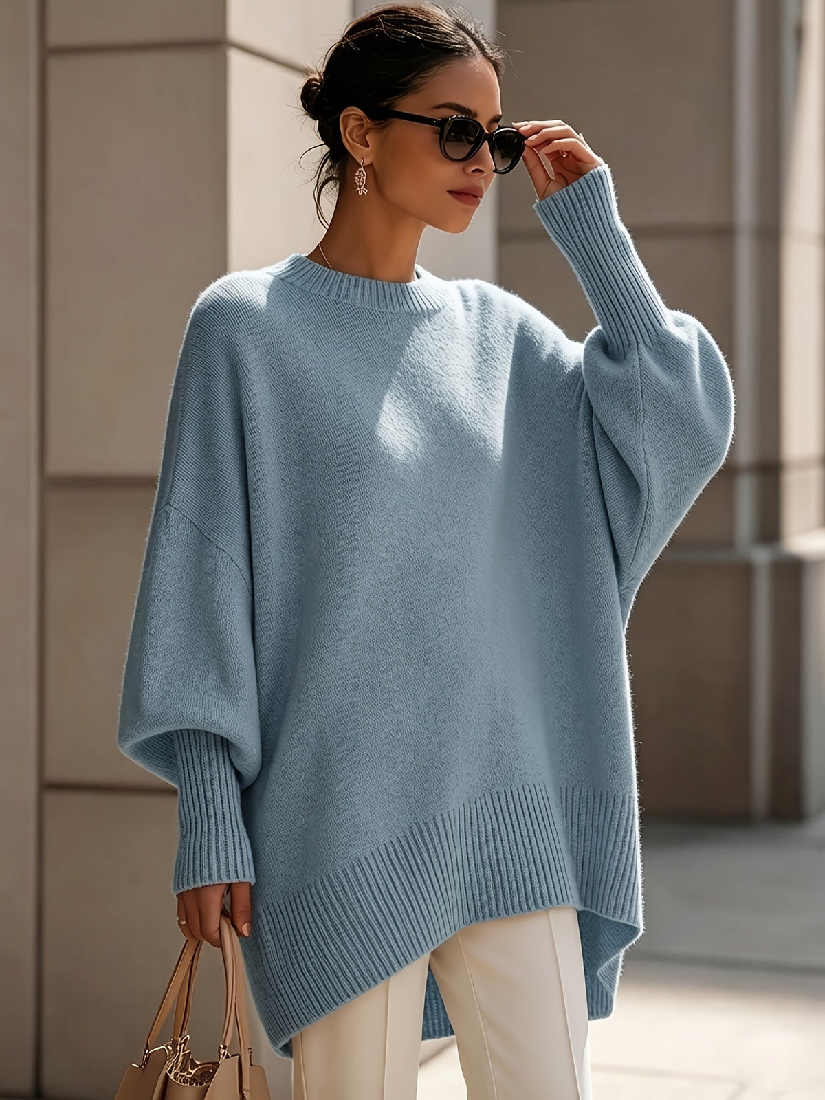 Mock Neck Drop Shoulder Asymmetric Hem Oversized Knit Sweater 17
