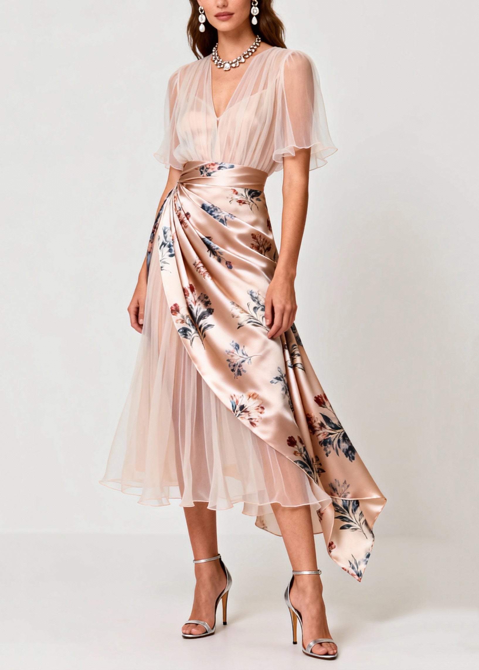 Slim Fit Light Pink V Neck Print Tulle Patchwork Dresses Summer