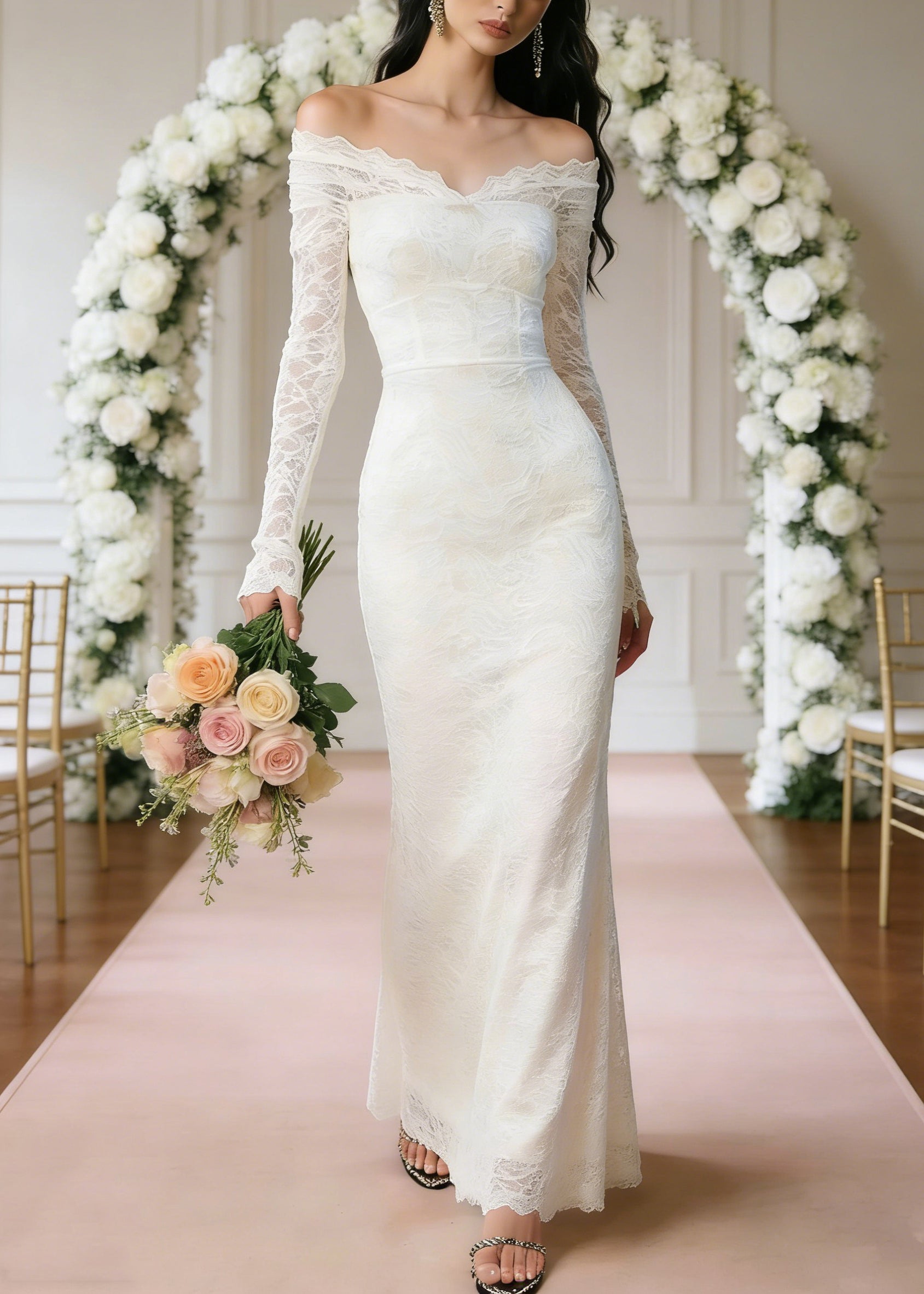 Slim Fit White Slash Neck High Waist Solid Long Dresses Spring