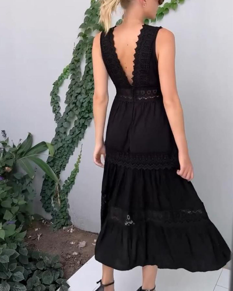 V-Neck Crochet Lace Trim Sleeveless Tiered A-Line Midi Dress