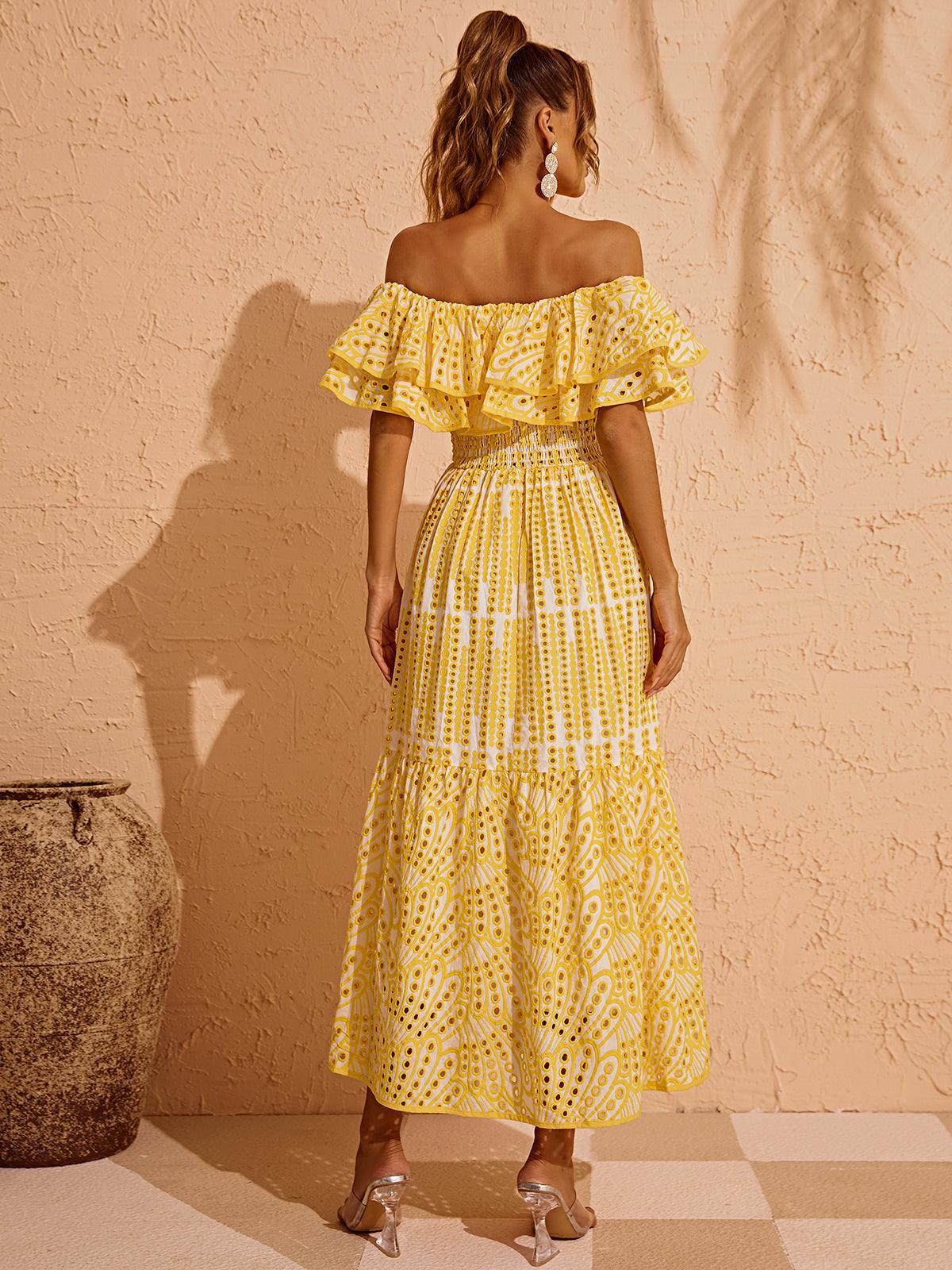 Off-Shoulder Ruffle Eyelet Smocked Waist Tiered A-Line Maxi Dress