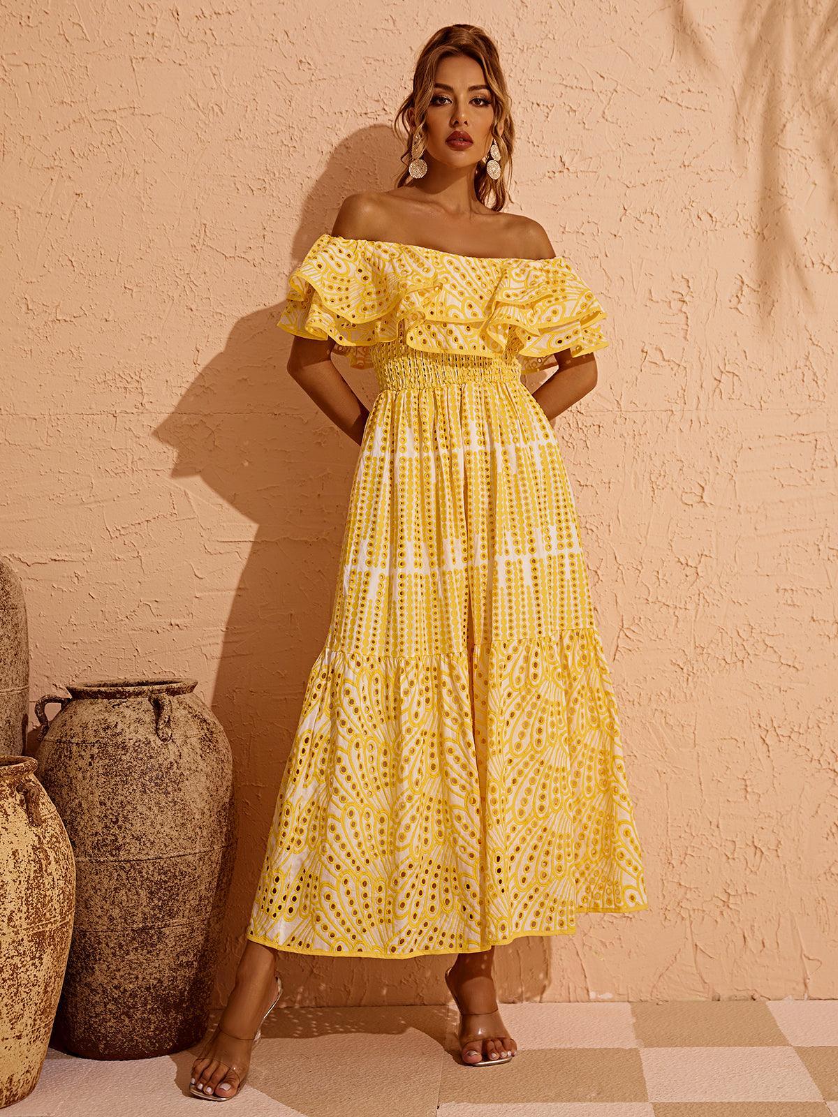 Off-Shoulder Ruffle Eyelet Smocked Waist Tiered A-Line Maxi Dress