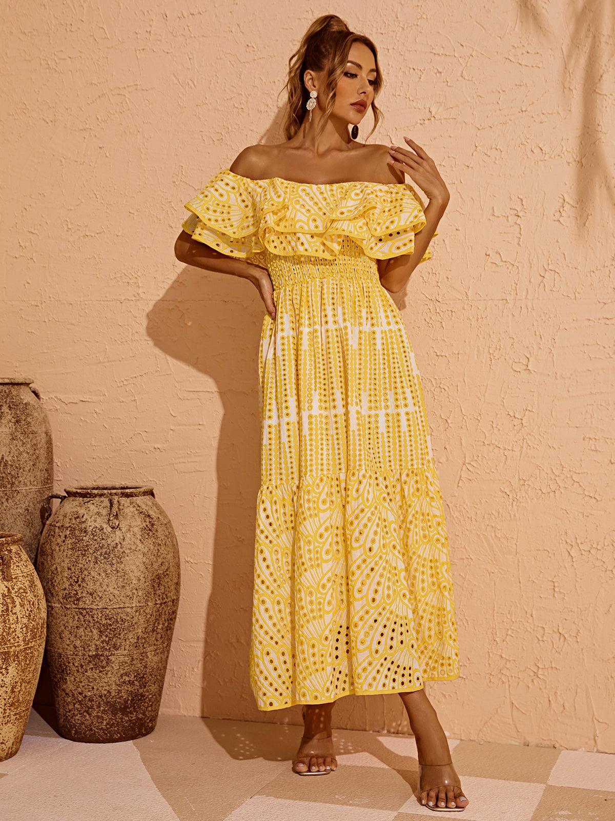Off-Shoulder Ruffle Eyelet Smocked Waist Tiered A-Line Maxi Dress