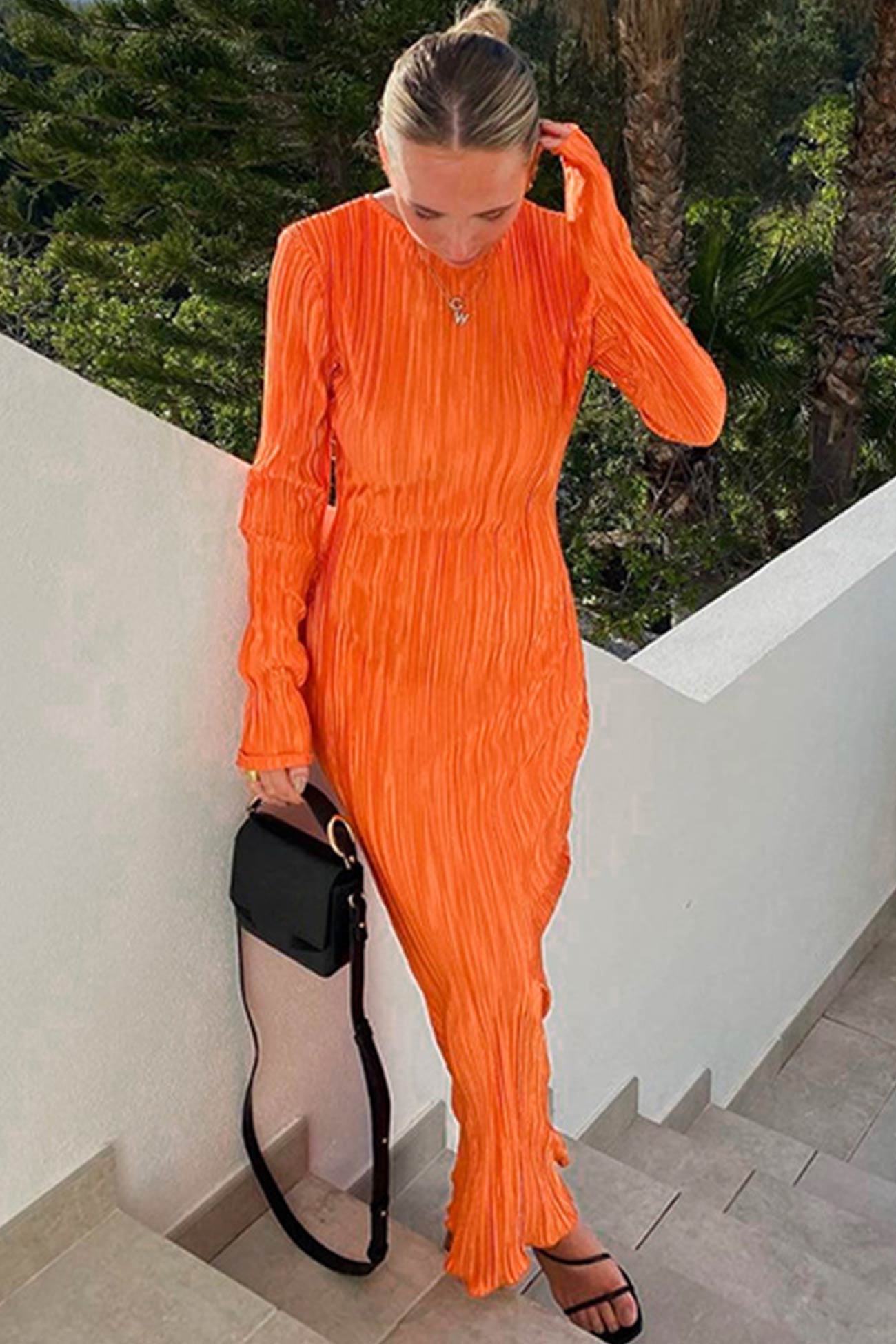 Victoria Solid Color Pleated Dress with Relaxed Fit and Layered Outfit Styling
