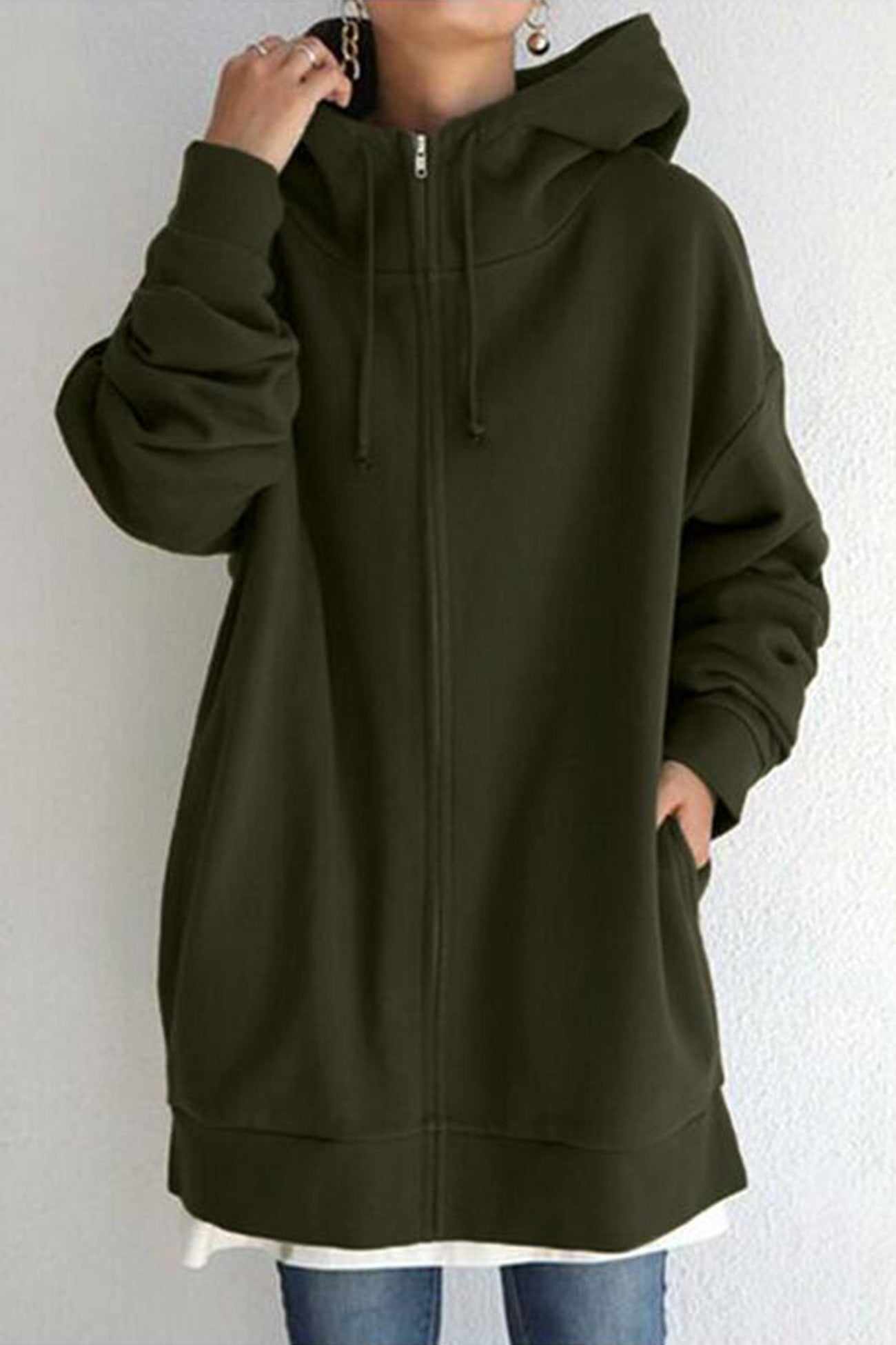 Color Hoodie Zipper Solid - Mid-Length Army Green / S Sweatshirts & Hoodies-L