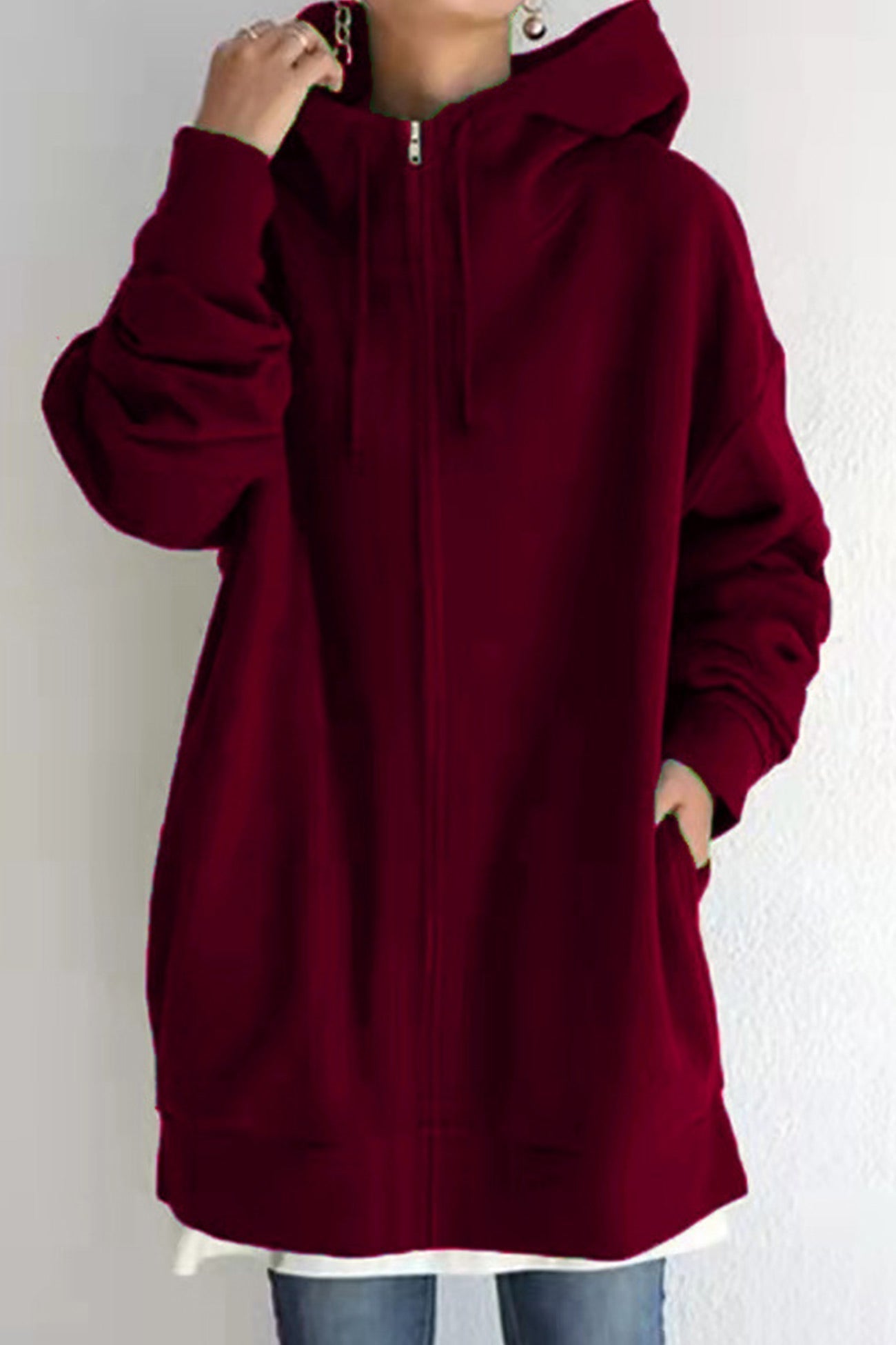 Color Hoodie Zipper Solid - Mid-Length Wine Red / S Sweatshirts & Hoodies-L