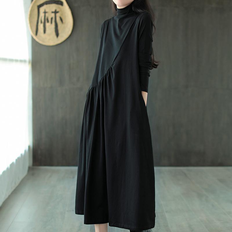 Plus Size Solid Draped High Neck Casual Dress