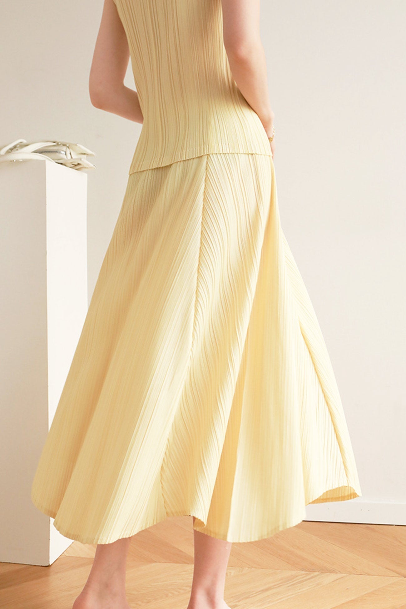 Pleated High Waist Skirt - Solid Color Yellow / One Size Midi Dresses