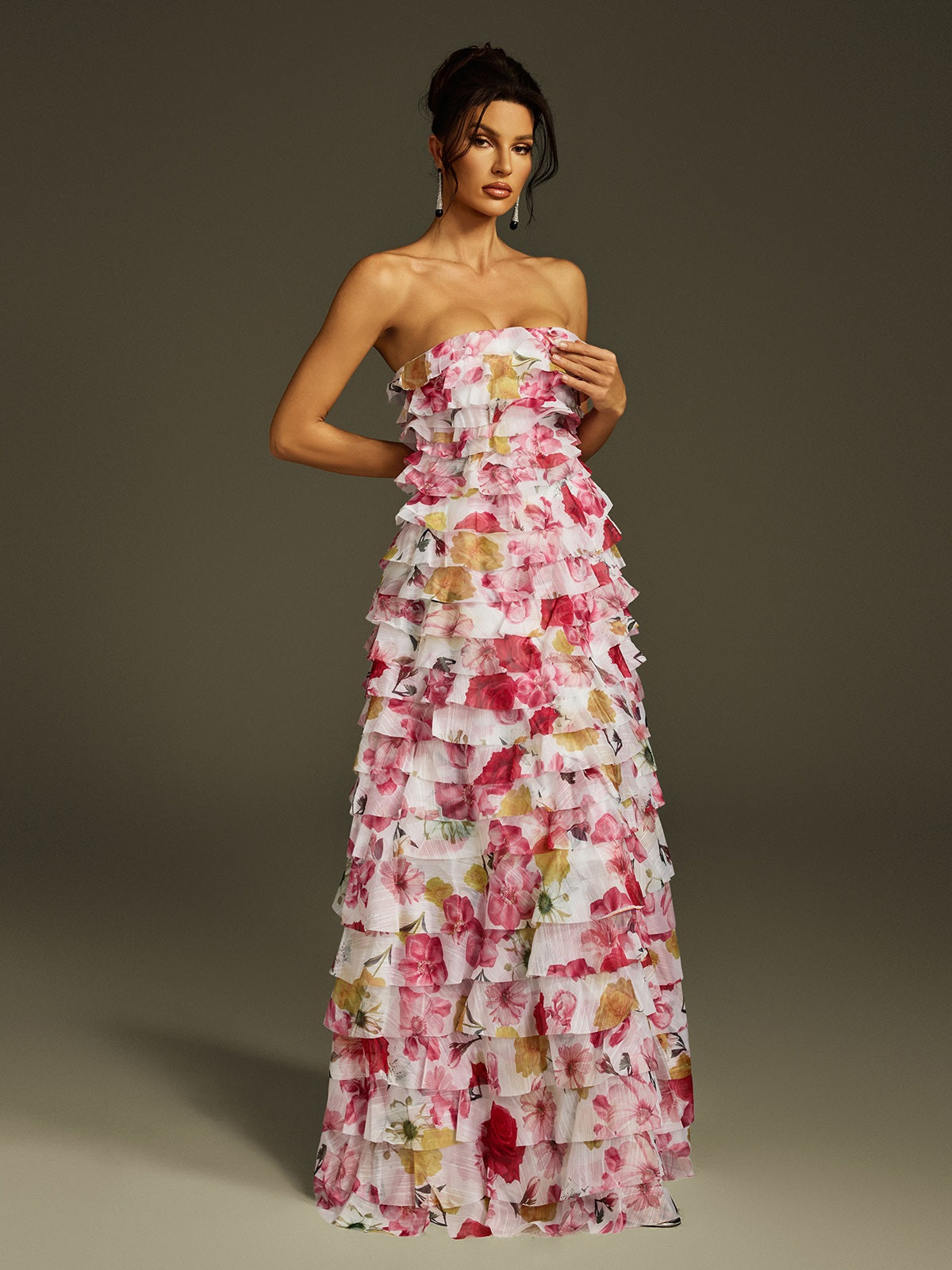 Strapless Tiered Floral Maxi Dress