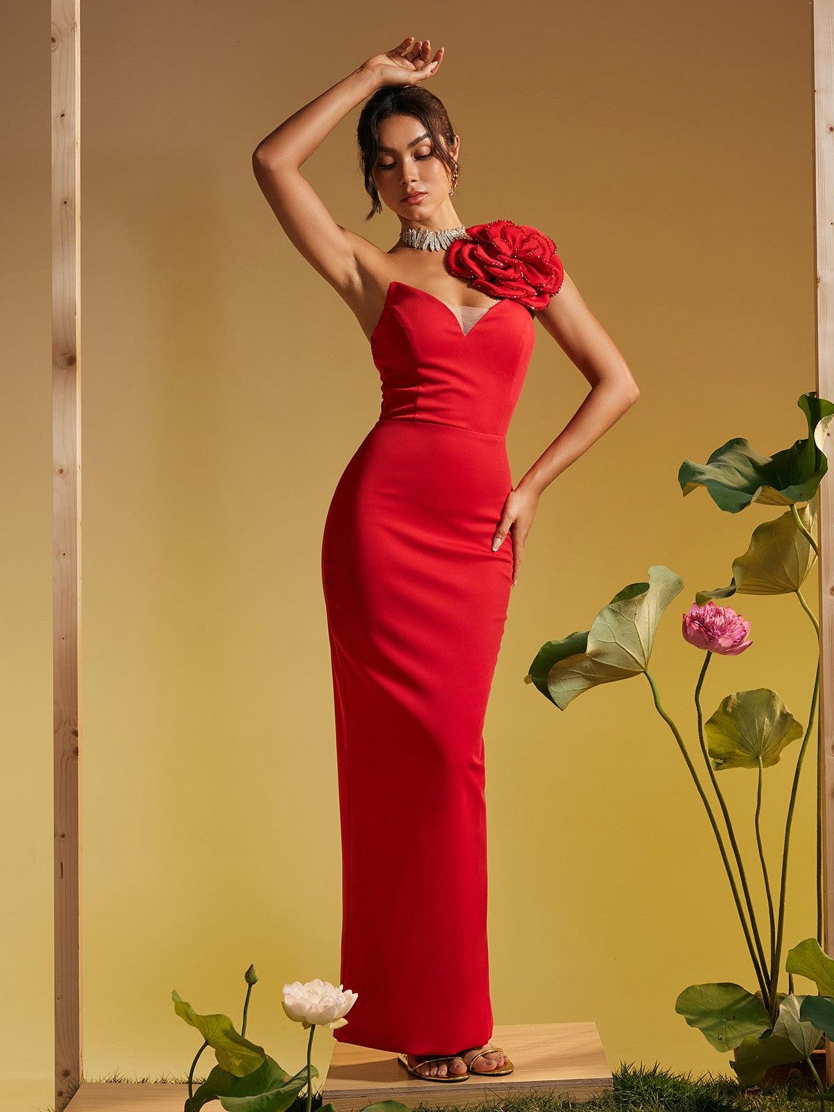 One Shoulder Flower Maxi Dress