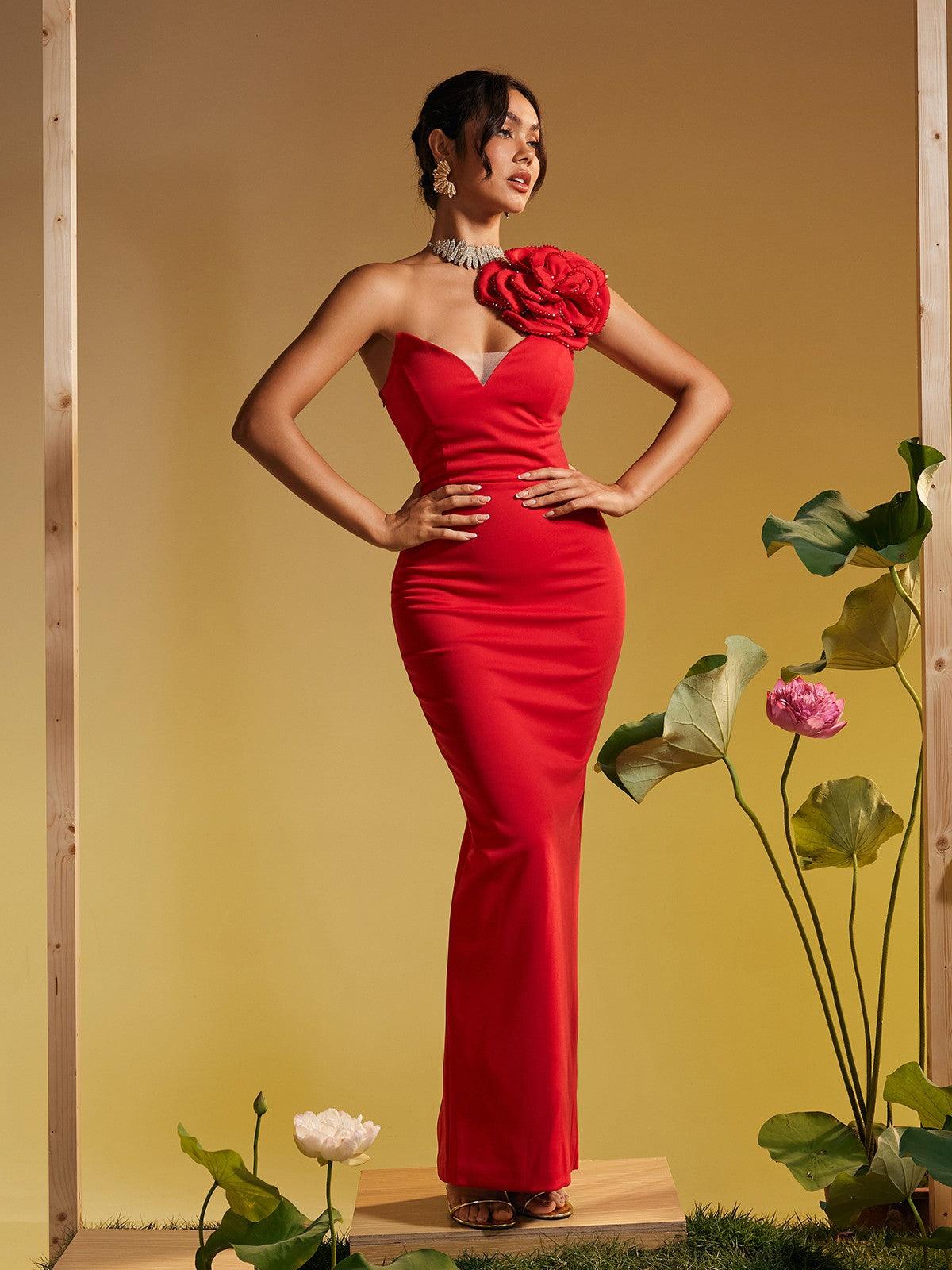One Shoulder Flower Maxi Dress