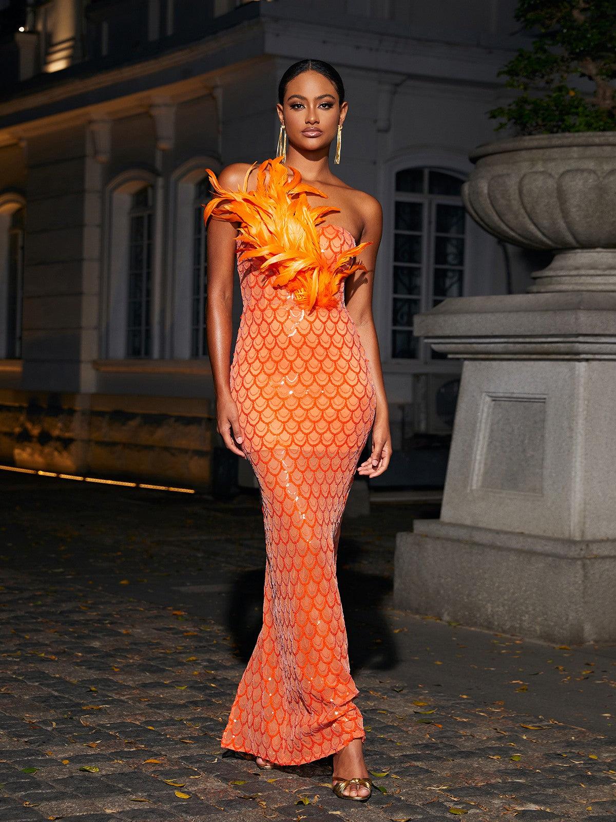 Strapless Feather Trim Sequin Mermaid Maxi Gown 2