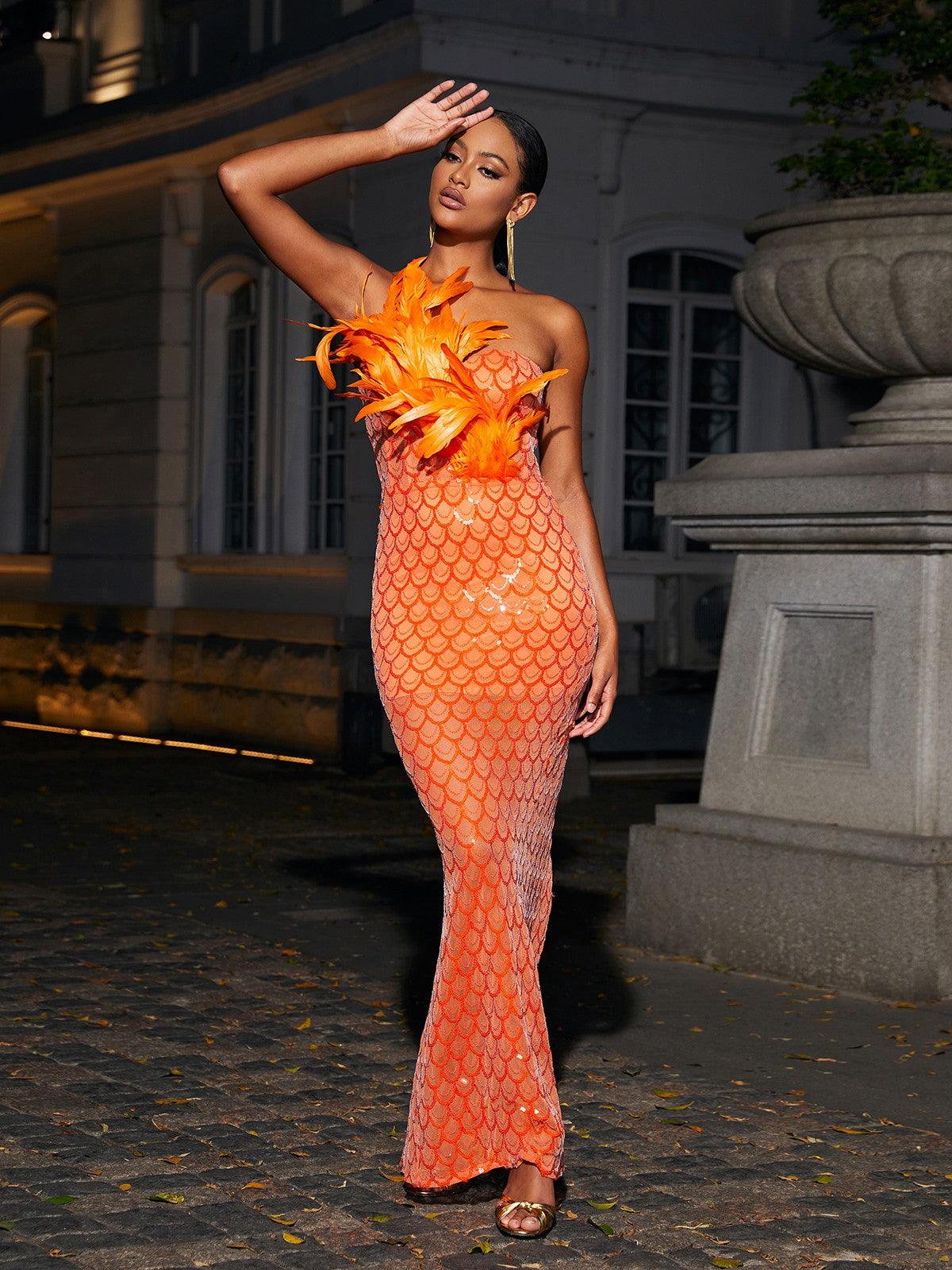 Strapless Feather Trim Sequin Mermaid Maxi Gown