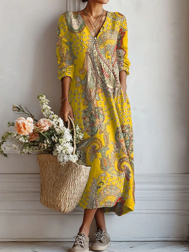 Dress Almost Sold Out V-Neck Paisley Print Long Sleeve Relaxed Shift Midi Dress