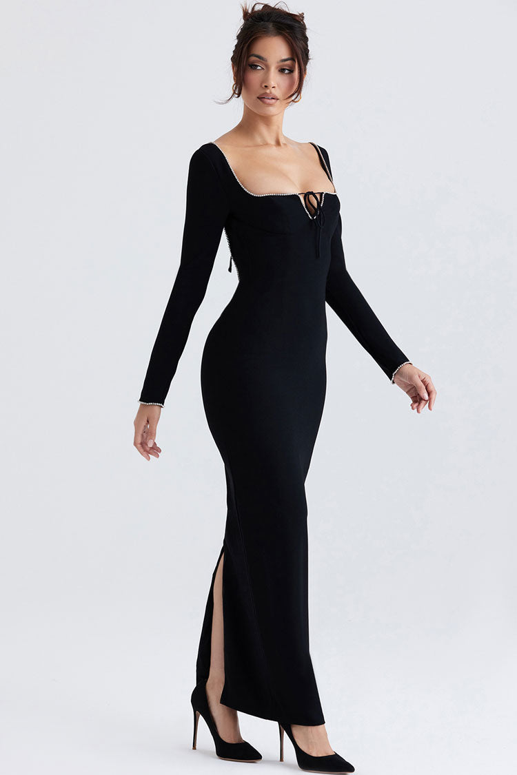 Black Sweetheart Neck Long Sleeve Rhinestone Trim Keyhole Bodycon Maxi Dress